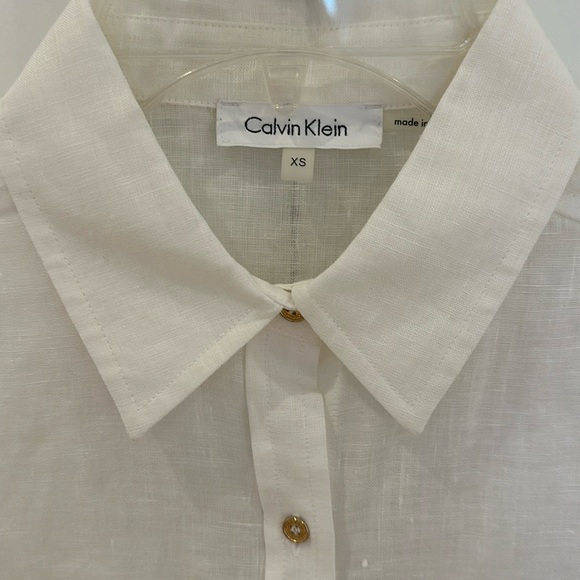 NWT Calvin Klein Linen Roll Sleeve Button Front Blouse in White - Picture 4 of 7
